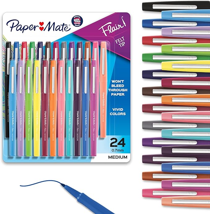 Paper Mate Flair Felt Tip Pens, Medium Point, Assorted Colors, 24 Count - Home, Office, Back to School, Teacher Supplies