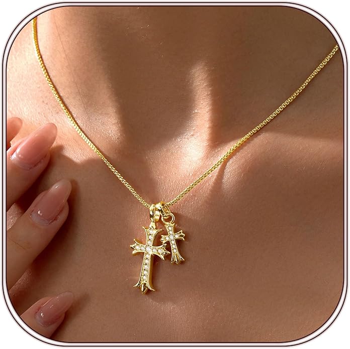 Partm Gold Cross Necklace for Women 14K Plated Dainty Pendant Cross Chain Faith Crucifix Choker Baptism Necklace for Women Trendy Religious Jewelry Hypoallergenic