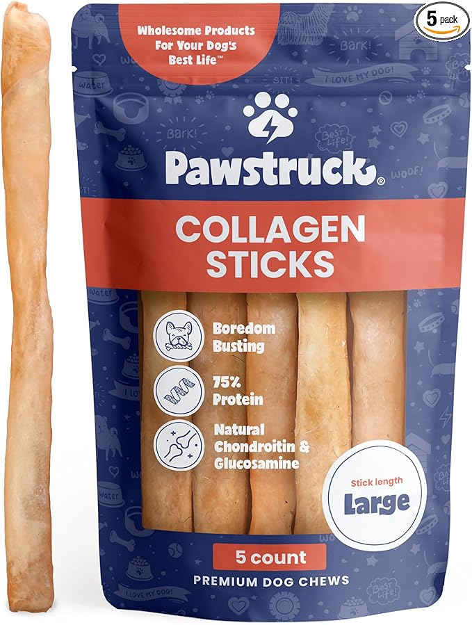 Pawstruck Natural Large 12" Beef Collagen Sticks for Dogs – Long-Lasting Rawhide Alternative, High Protein Treats with Chondroitin & Glucosamine – 5 Pack