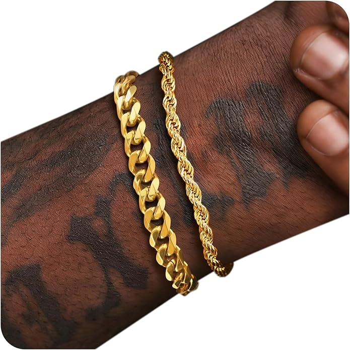 PEALICIOUS Bracelets for Men Jewelry as 2 PCS Silver/Gold Bracelet for Men Chain, 7-10In Stainless Steel Bracelets for Men Fathers Days Gifts for Boys Pulseras Para Hombres Mens Accessories
