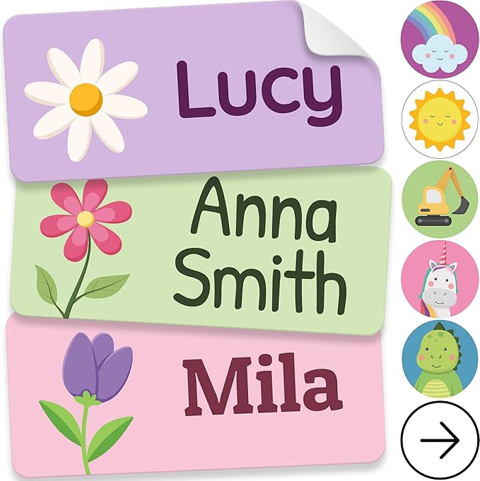 Personalized Name Labels for Kids (70 Labels) - Durable & Waterproof Custom Name Stickers for Clothing Tags, School Supplies, Camp & Daycare - Flowers (1.2”x0.5”)