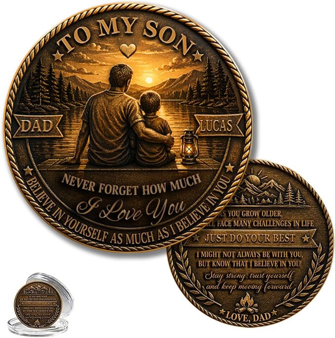 Personalized to My Son Challenge Coin, Custom Name Father Son Sunset Lake Camping Scene, Just Do Your Best Believe in You, Vintage Encouragement Keepsake Gift from Dad, Birthday, Graduation