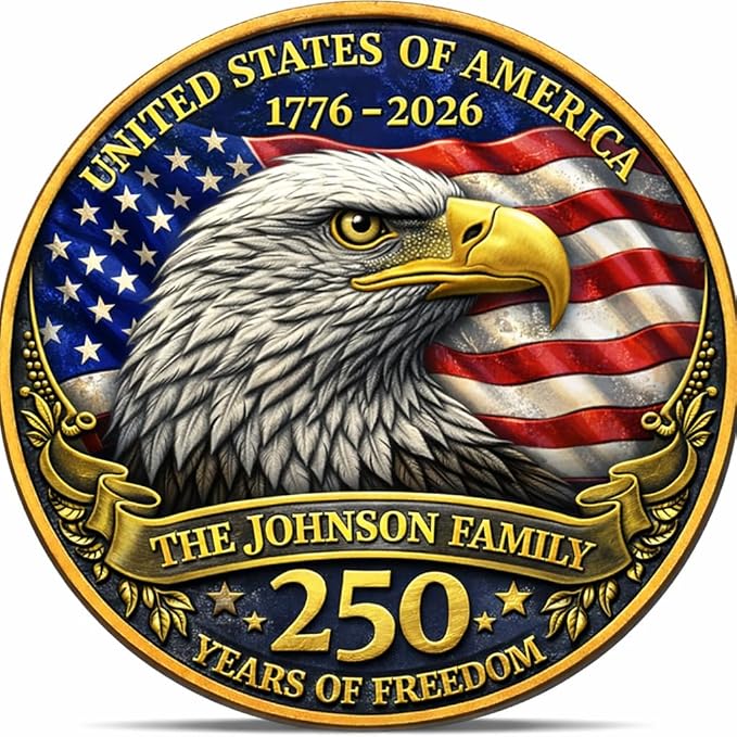 Personalized USA 250th Anniversary Coin Custom USA 1776–2026 Commemorative Coin with Family Name Photo or Message – 250 Years of Freedom Patriotic Collector Coin Gift for Proud Americans