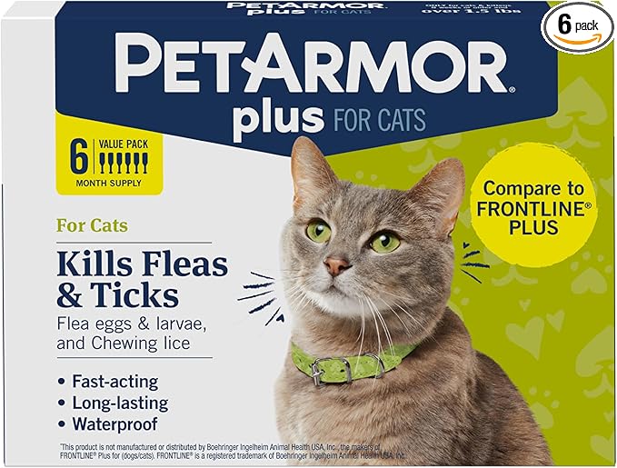 PetArmor Plus Flea and Tick Prevention for Cats over 1.5 lbs, Cat Flea and Tick Treatment, 6 Doses, Waterproof Topical, Fast Acting