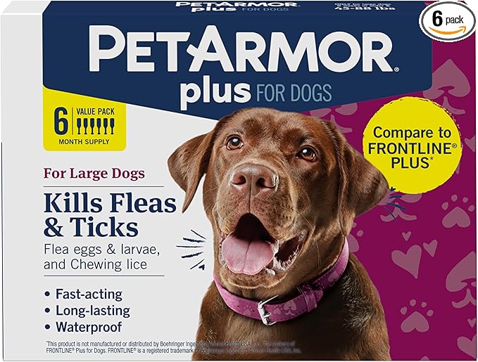 PetArmor Plus Flea and Tick Prevention for Dogs, Large Dog Flea and Tick Treatment, 6 Doses, Waterproof Topical, Fast Acting (45-88 lbs)