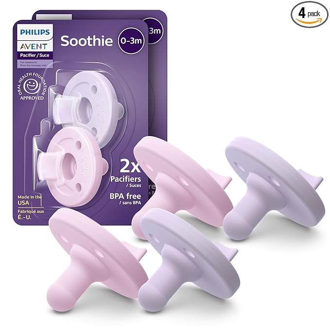 Philips Avent Soothie Baby Pacifiers - 100% Silicone Pacifiers for Babies 0-3 Months, One-piece Design, BPA-Free, Extra Durable, Lilac and Pink, 4 Pack, Model SCF190/70
