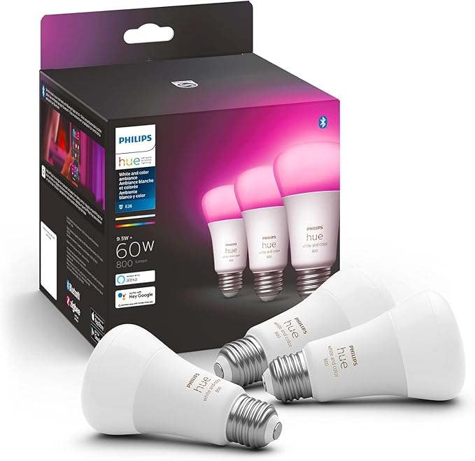 Philips Hue A19 LED Smart Light Bulb 3-Pack - White and Color Ambiance - 60W Indoor Light Bulb - Control with Hue App - Works with Alexa, Google Assistant and Apple Homekit