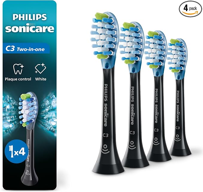 Philips Sonicare C3 Two-in-One Genuine Replacement Electric Toothbrush Heads, for Deep Plaque Removal and Whitening, 4 Pack One Year Supply, Black, HX9044/95