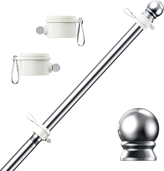 PHITRIC Flag Pole, Tangle Free Spinning Stainless Steel Rustproof Flagpole for 3x5 Sports Fan Outdoor Flags for Outside House (Silver, 5FT, Without Bracket)