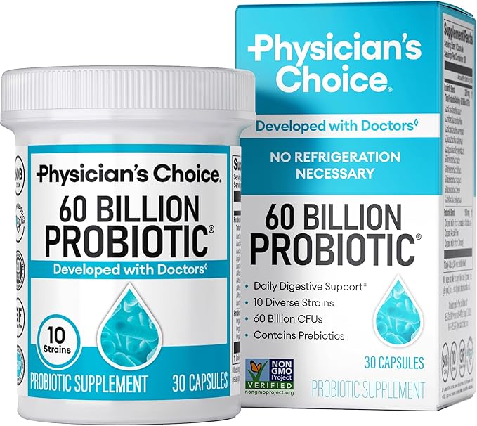 Physician's CHOICE Probiotics 60 Billion CFU - 10 Strains + Organic Prebiotics - Immune, Digestive & Gut Health - Supports Occasional Constipation, Diarrhea, Gas & Bloating - for Women & Men - 30ct