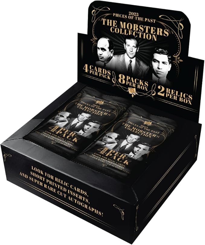 Pieces of the Past 2025 The Mobsters Collection Hobby Box - 8 Packs Per Box, 4 Cards Per Pack, 2 Guaranteed Relic Hits per Box - Cut Signatures, Vintage Documents, 1/1 Parallels