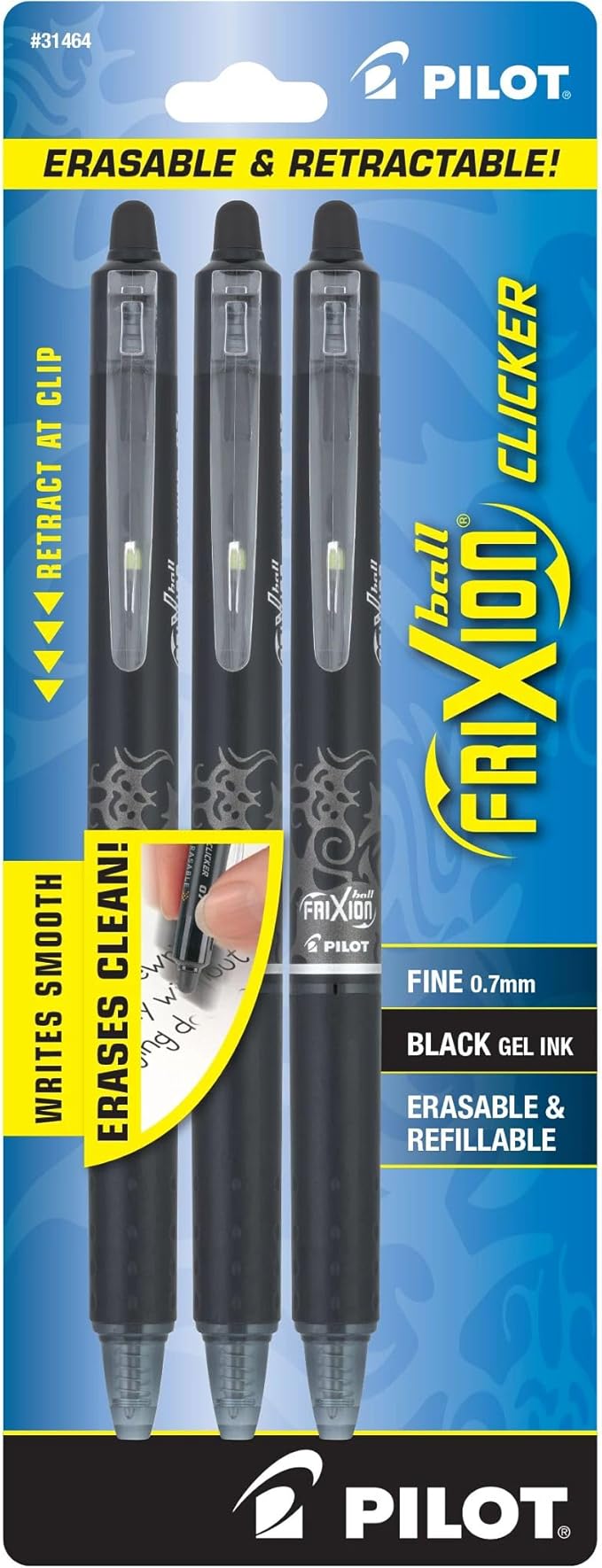 PILOT FriXion Clicker Erasable Pens, Refillable & Retractable Gel Ink Pens, Fine Point 0.7 mm, Black Ink, 3-Pack - Ideal for School, Journaling, & Office Writing