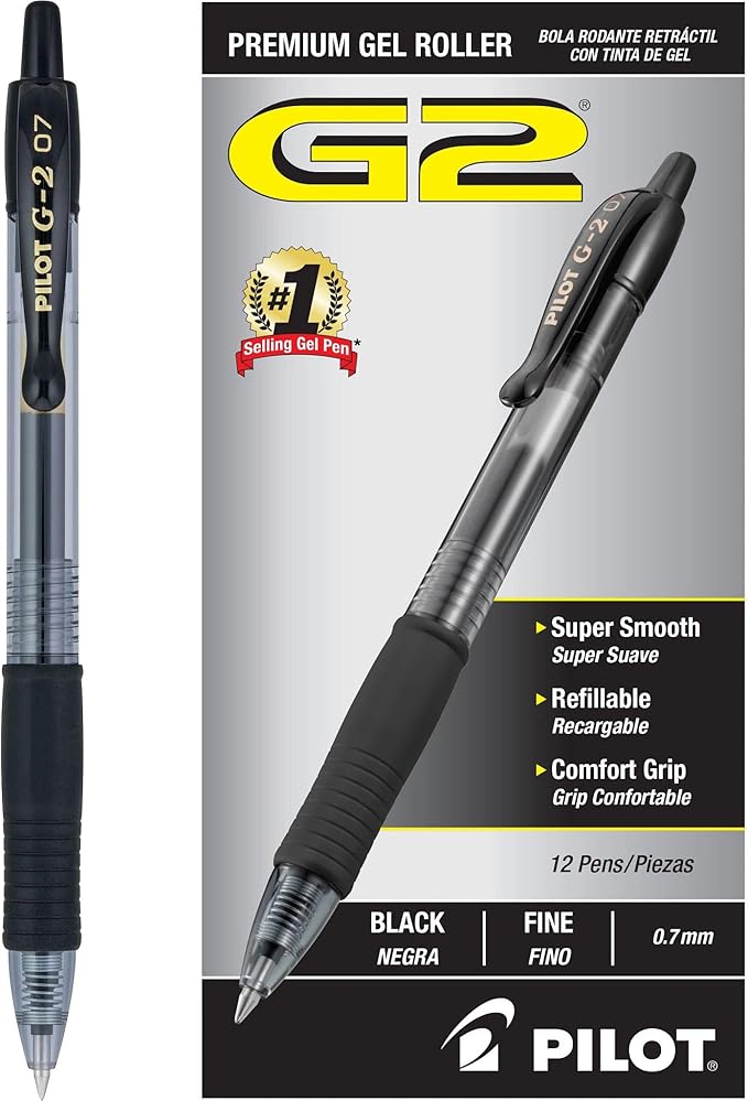 Pilot G2 Pens, Premium Refillable and Retractable Rolling Ball Gel Pens, Fine Point, 0.7mm, Black Ink, 12-Pack (31020)