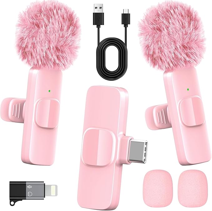 Pink Wireless Lavalier Microphone for iPhone & Android - Mini Clip-On Mic with Noise Cancellation, 65ft Range, 8H Battery, USB-C/Lightning - for TikTok, YouTube, Podcast, Live Streaming