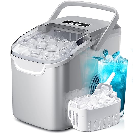 Portable Countertop Ice Maker Machine with Handle, 9 Bullet-Shaped Ice Cubes Ready in 6 Mins, 26Lbs/24H, Self-Cleaning Function with Ice Scoop and Basket for Home/Kitchen/Party (Grey)