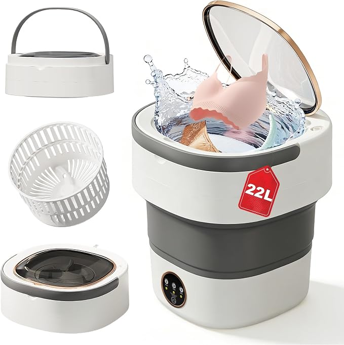 Portable Washing Machine - 22L Mini Foldable Washer with Spin Basket, 3 Cleaning Modes & Deep Cleaning for Small Clothes, Collapsible Laundry for Apartment, Home, Hotel and Travel (Gray)
