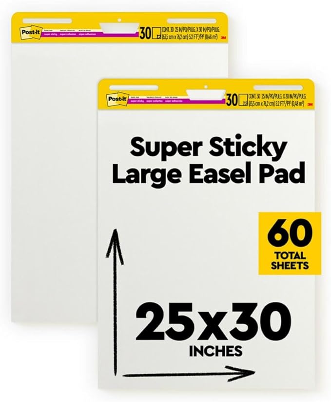 Post-it Super Sticky Easel Pad, 25 x 30 Inches, 30 Sheets Per Pad, 2 Pads, Large, White, Premium Self Stick Flip Chart Paper, Anchor Chart, Office Supplies & School Supplies, Great for Teachers and Students