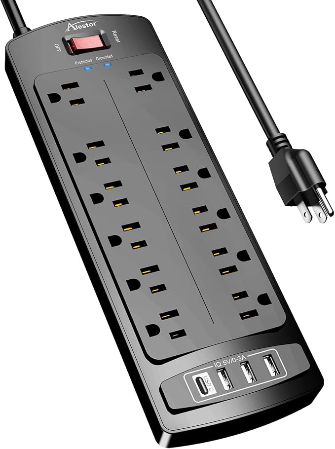Power Strip, ALESTOR Surge Protector with 12 Outlets and 4 USB Ports, 6 Feet Extension Cord, 2700 Joules, ETL Listed, Black