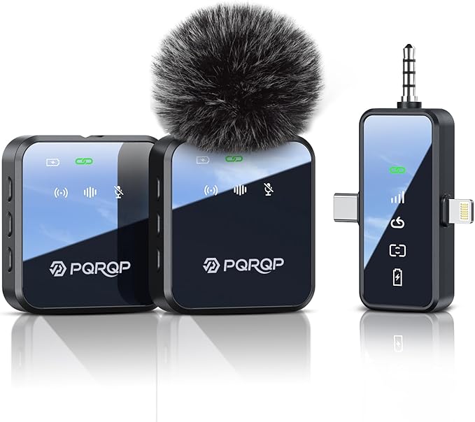 PQRQP 3 in 1 Wireless Lavalier Microphone for iPhone Android & Camera, Mini Clip-On Mic for Video Recording TikTok YouTube Interview, Noise Cancelling, 328ft Range, 18H Battery, Instrument