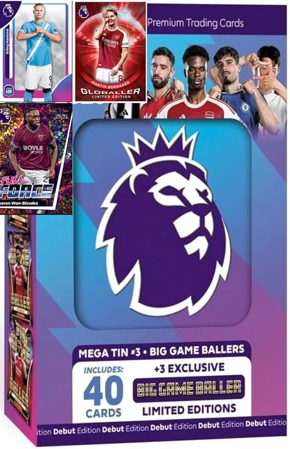 Premier League 2026 new - One Random Mega Tin - 40 Cards Including 3 Exclusive LE 25/26 Soccer Cards + Bundle with Hassential Sticker Premier League Soccer Cards
