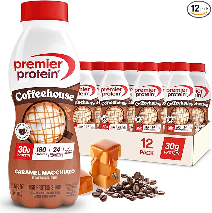 Premier Protein COFFEEHOUSE Caramel Macchiato Protein Shake with Caffeine – 30g Protein, No Added Sugar, 24 Vitamins & Minerals, Coffee Beverage for Energy, Gluten-Free, 11.5 fl oz (12 Pack)
