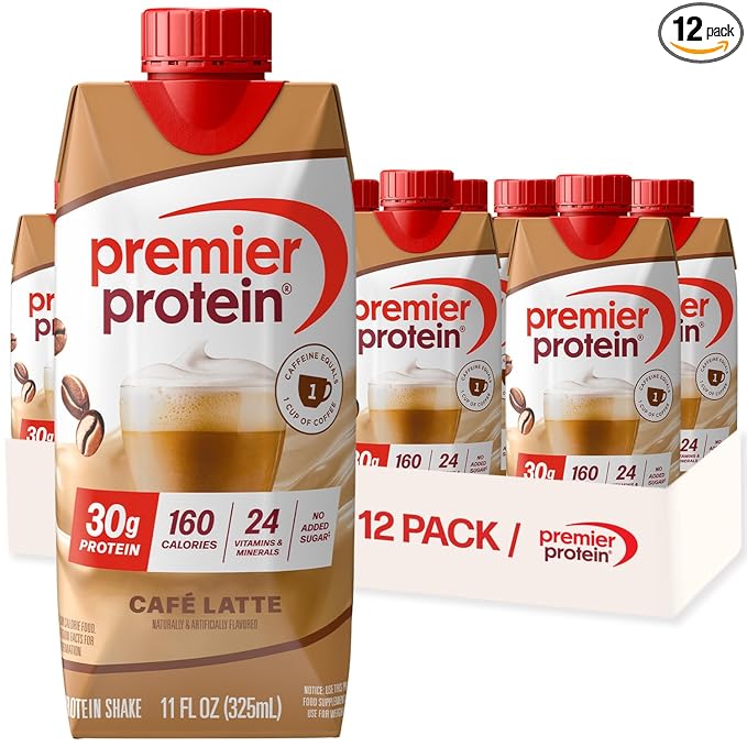 Premier Protein Shake, Café Latte with Caffeine for Energy – 30g Protein, No Added Sugar, 24 Vitamins & Minerals to Support Immune Health, 11 fl oz, 12 Pack