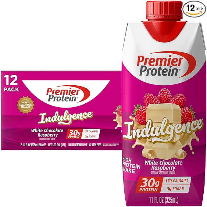 Premier Protein Shake INDULGENCE, White Chocolate Raspberry, 30g Protein, 170 Calories, 3g Sugar, 11 fl oz, 12 Pack