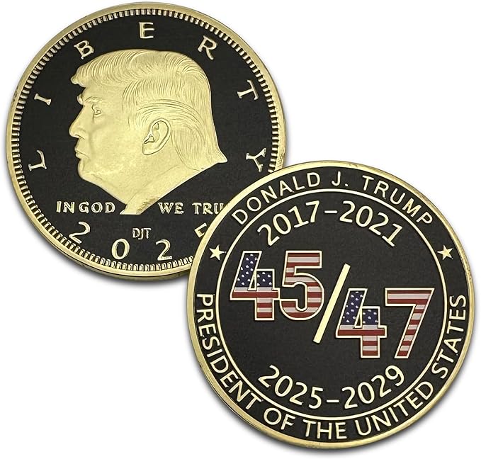 President Donald Trump 45 47 2025 24kt Gold Challenge Coin, Trump Coin Collectors Souvenir, 45 & 47 with Red White & Blue Flag Plus 24kt Gold Plating, Large Size 45mm x 3mm Oval Office