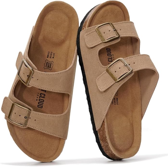 Project Cloud 100% Genuine Leather Flat Sandals For Women 2026 Cork Footbed Womens Sandals with Memory Foam and arch support Vacation Essentials Slides for Women Footwear (Venita)