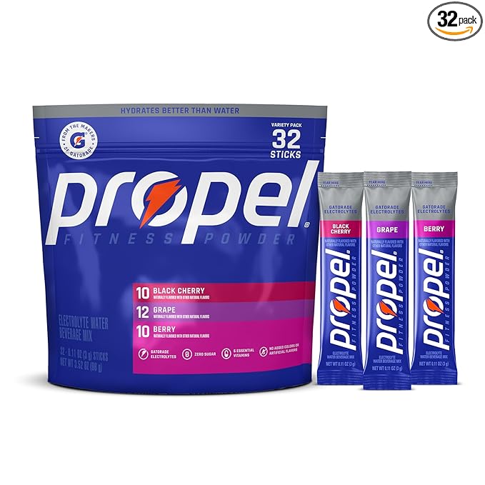 Propel Electrolyte Powder Drink Mix, 3 Flavor Variety Pack, (32 Servings), Zero Sugar, Enhanced Water Beverage, Gatorade Electrolytes, Vitamins, No Added Colors, No Artificial Flavors, Hydration
