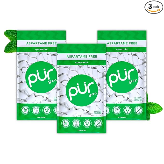PUR Gum | Aspartame Free Chewing Gum | 100% Xylitol | Natural Spearmint Flavored Gum, 55 Pieces (Pack of 3)
