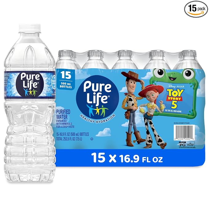 Pure Life Purified Bottled Water, 15 Pack - Still Drinking Water Enhanced with Minerals for a Crisp Taste - 16.9 Fl Oz - Toy Story 5 Packaging Graphics