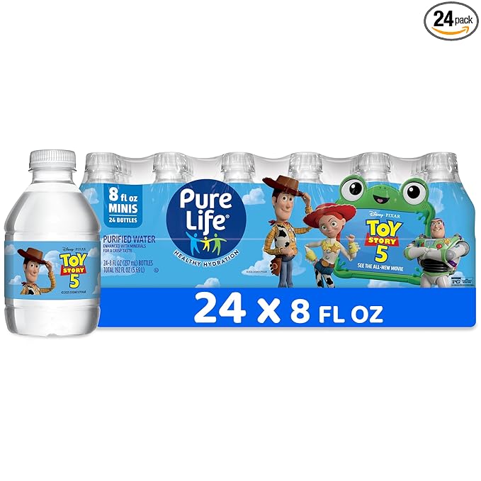 Pure Life Purified Bottled Water, 24 Pack - Still Drinking Water Enhanced with Minerals for a Crisp Taste - 8 Fl Oz - Toy Story 5 Packaging Graphics