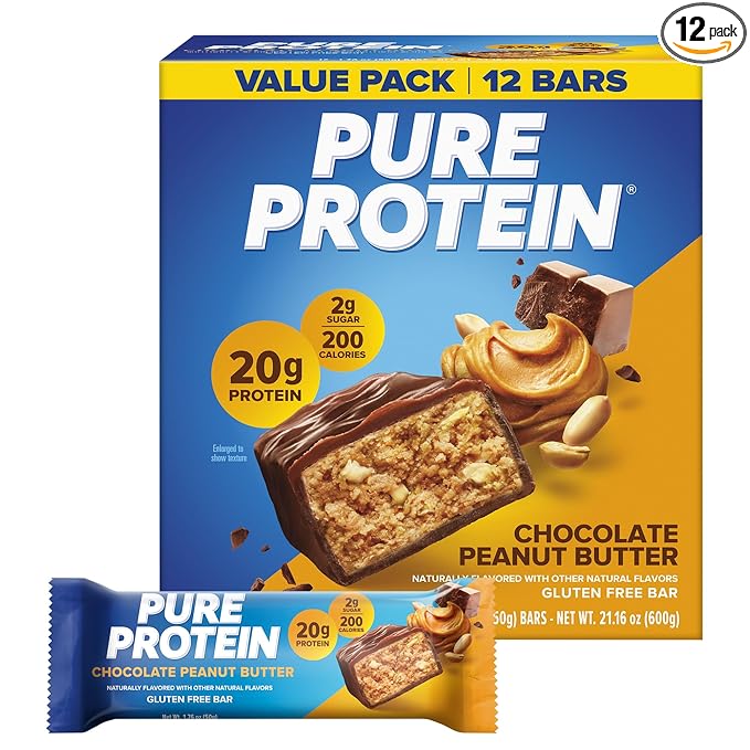 Pure Protein Chocolate Peanut Butter Protein Bars – 20g Protein, 3g Sugar, 190 Calories (12 count) Low Sugar* High Protein Snack - Gluten Free - Perfect for a Healthy Snack