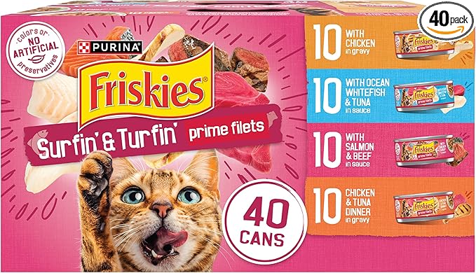 Purina Friskies Gravy Wet Cat Food Variety Pack, Surfin’ and Turfin’ Prime Filets Favorites - (Pack of 40) 5.5 oz. Cans