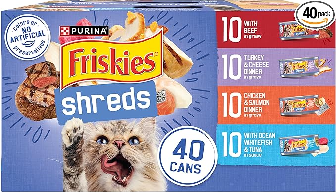 Purina Friskies Wet Cat Food Variety Pack, Shreds With Beef, Turkey and Cheese Dinner, Chicken and Salmon Dinner, and With Ocean Whitefish and Tuna - (Pack of 40) 5.5 oz. Cans