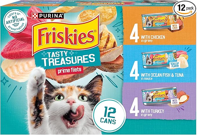 Purina Friskies Wet Cat Food Variety Pack, Tasty Treasures Prime Filets (With Ocean Fish and Tuna, With Chicken and With Turkey) - 5.5 Ounce (Pack of 12)