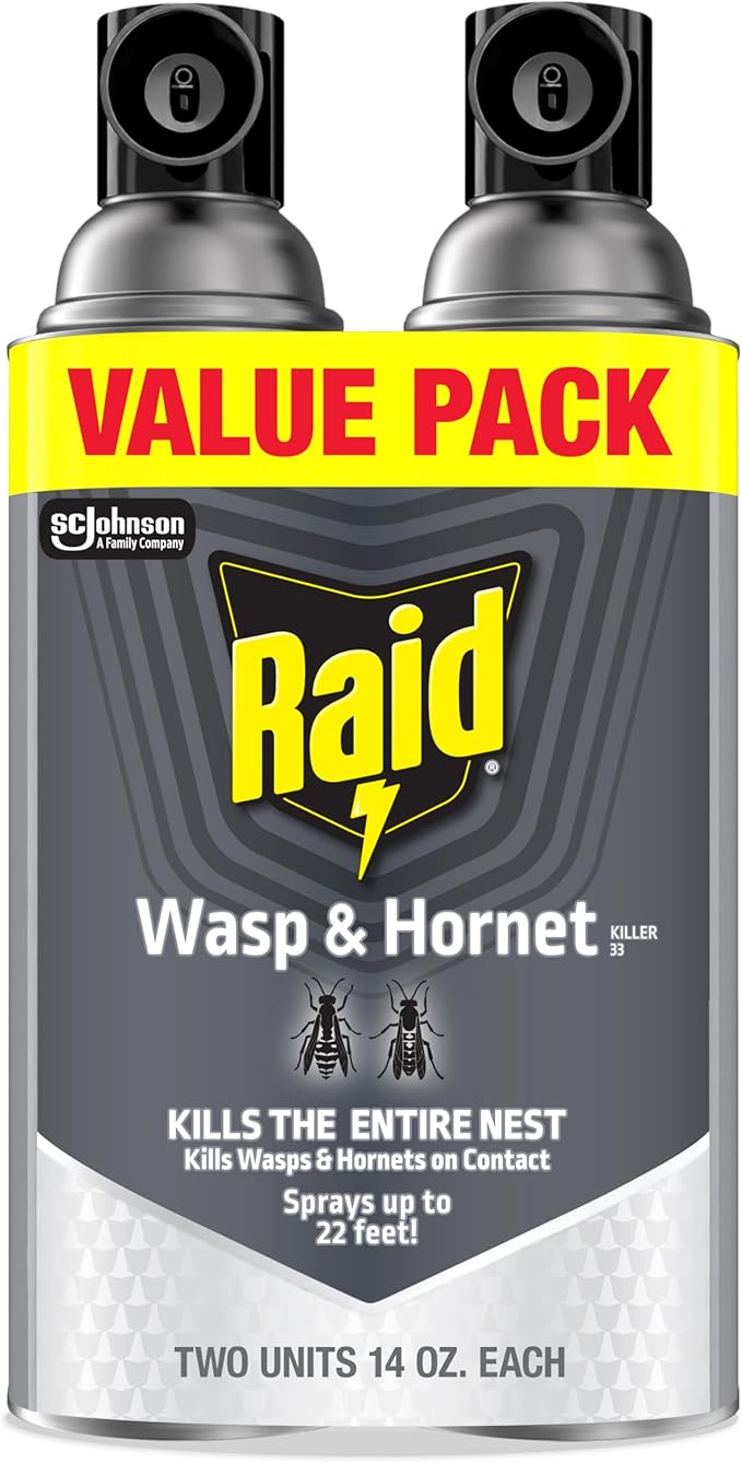 Raid Wasp & Hornet Killer Spray, Kills the Entire Nest, For Paper Wasps, Yellow Jackets, Mud Daubers and more, 14 oz (Pack of 2)