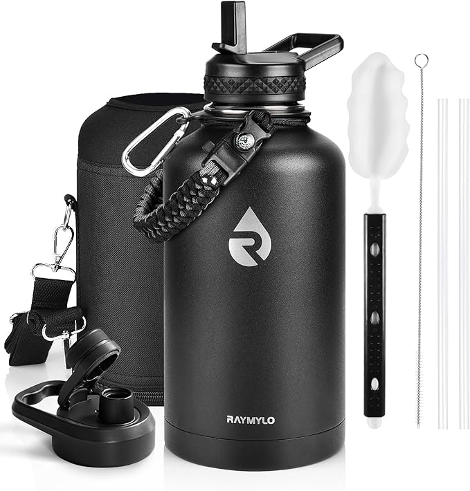 RAYMYLO Insulated Water Bottle 64 oz, Triple Wall Vacuum Stainless Steel (Cold for 48 Hrs), Leak Proof & Non-BPA, Half Gallon Water Flask Jug with Paracord Handle & Straw Spout Lids, Magic Black