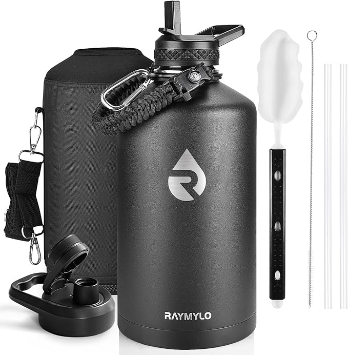 RAYMYLO One Gallon Water Bottle Insulated, Triple Walled Vacuum Stainless Steel (Cold for 48 Hrs), Leak Proof & Non-BPA, Large Water Flask Jug with Paracord Handle & Straw Spout Lids