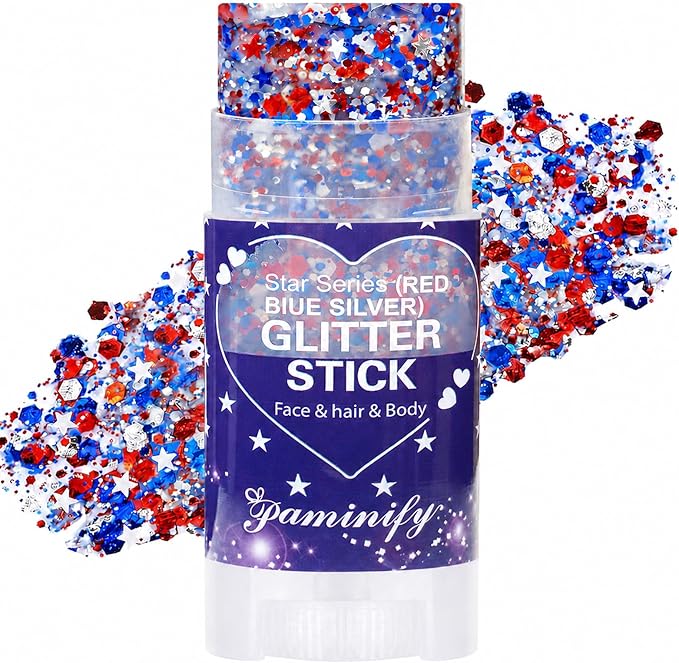 Red White Blue Hair Glitter Stick,4th of July Patriotic America Flag Star Face Body Glitter,250th Independence Day Outfits for Women, Waterproof Cheer Glitter Makeup for Soccer Game