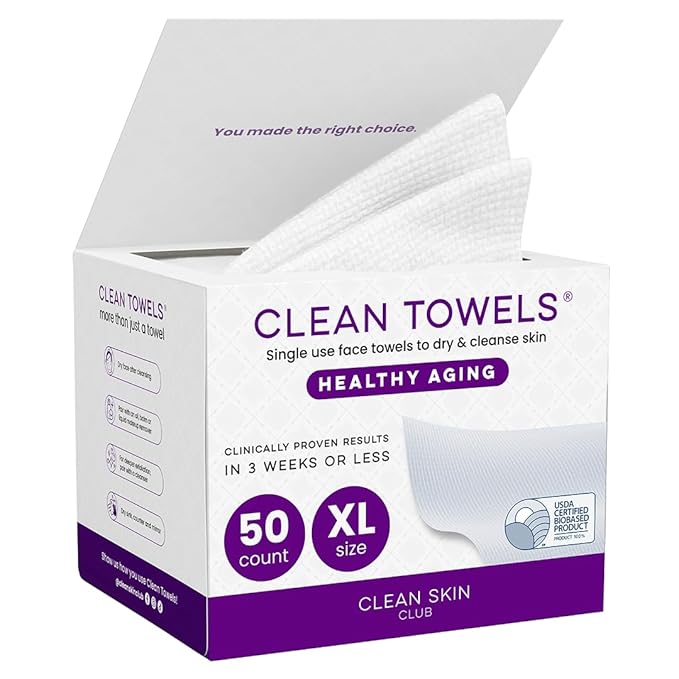 Reduces Fine Lines and Wrinkles in 6 weeks or Less, CLEAN SKIN CLUB Healthy Aging Clean Towels® XL, Disposable Face Towels, XL - 1 Pack (50 count)