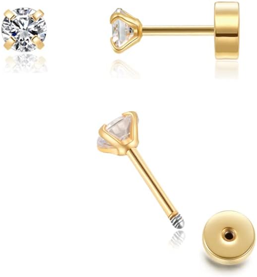 Renkovte Flat Back Screw Back CZ Stud Earrings, Small Cubic Zirconia Stud Earrings for Helix Cartilage Tragus Earlobe Piercing for Women (2mm 3mm 4mm Gold Color)
