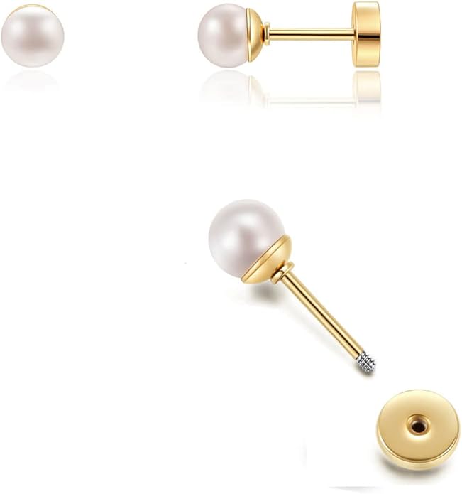 Renkovte Pearl Stud Earrings Screw Back,Flat Back Pearl Cartilage Helix Earrings 316L Surgical Steel Cartilage Piercing Jewelry Gift for Women(4mm 5mm 6mm Pearl,Gold&Silver)