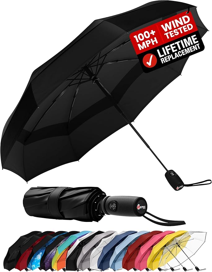 Repel Windproof Travel Umbrella - Compact & Withstands Winds up to 100MPH , Strongest Premium Auto Folding Umbrella for Rain and Sun - Durable, Light & Portable for Women & Men , Fits Backpack & Cars