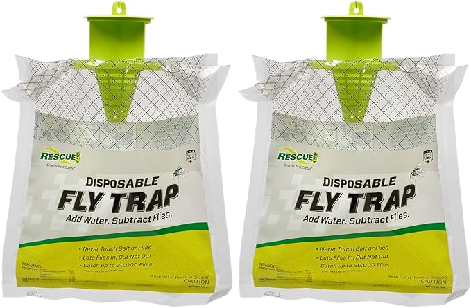 RESCUE! Outdoor Disposable Fly Trap – Hanging Fly Catcher with Attractant Bait, Fly Bag for Patio, Yard, Trash & Farm Areas – Easy-to-Use Outdoor Fly Control - 2 Traps
