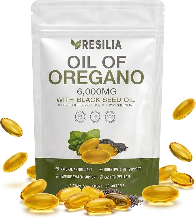 Resilia Softgels with Black Seed Oil 6000mg – Premium Grade Oregano Oil Capsules for Immune & Digestive Support – Non-GMO, Gluten-Free Softgels – Natural Herbal Wellness Supplement (60 Count)