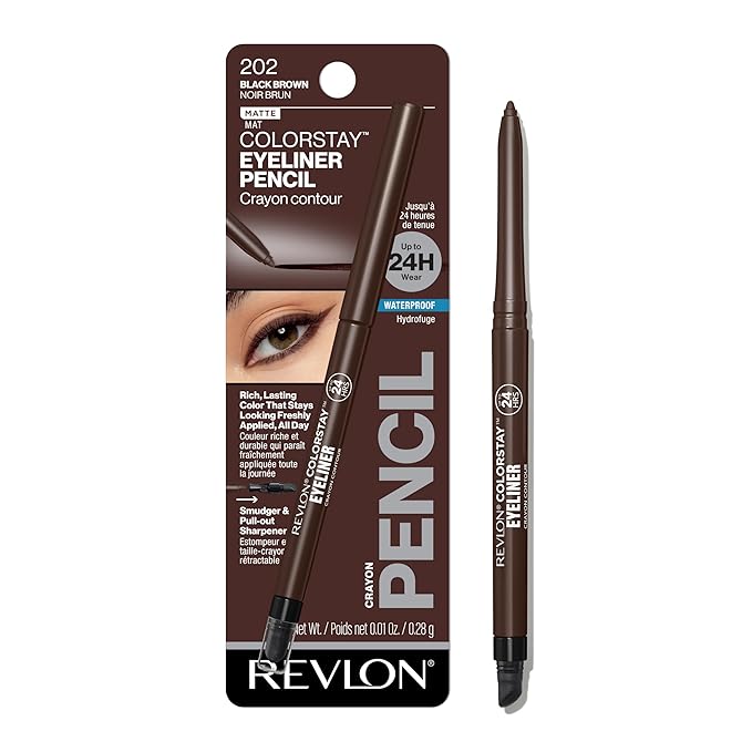 Revlon ColorStay Pencil Waterproof Eyeliner, Smudge-Proof, Eye Makeup with Built-In Sharpener, Long-Lasting, Matte Finish, 202 Black Brown, 0.01 oz