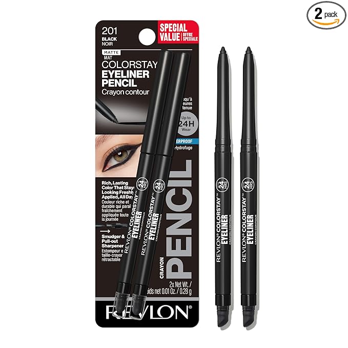 Revlon ColorStay Pencil Waterproof Eyeliner, Smudge-Proof, Eye Makeup with Built-In Sharpener, Long-Lasting, Matte Finish, 201 Black, 2 pack