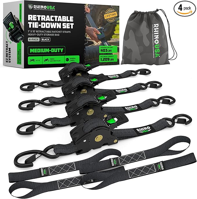 Rhino USA Retractable Ratchet Straps (4-Pack) - 1 Inch x 10 Feet (1,209lb Break Strength) - Auto Self Retracting Tie Down Straps for Truck, Cargo Trailer, Motorcycle, ATV, UTV - Black